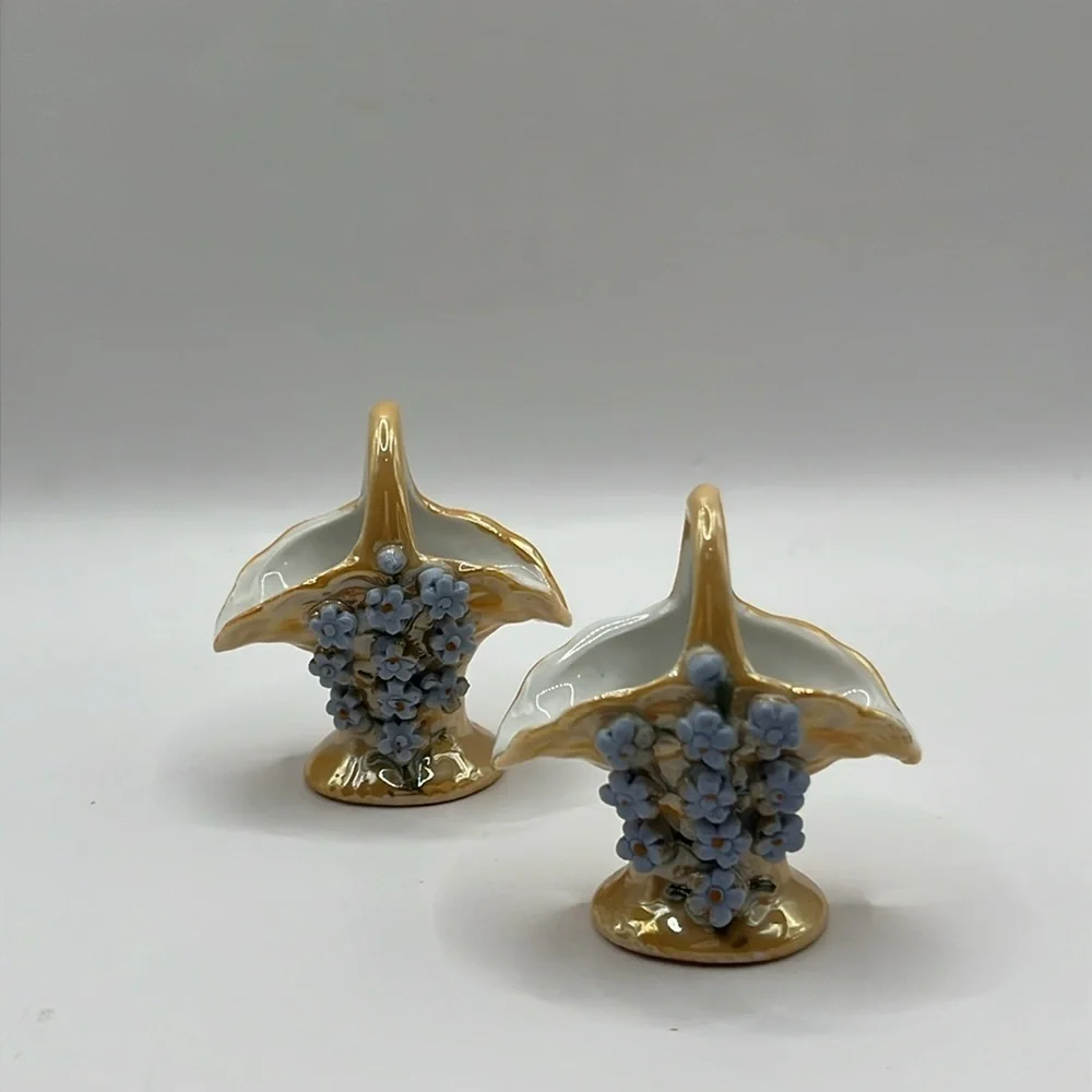 2 Vintage Elfinware Miniature Basket with Blue Flowers Made in Germany